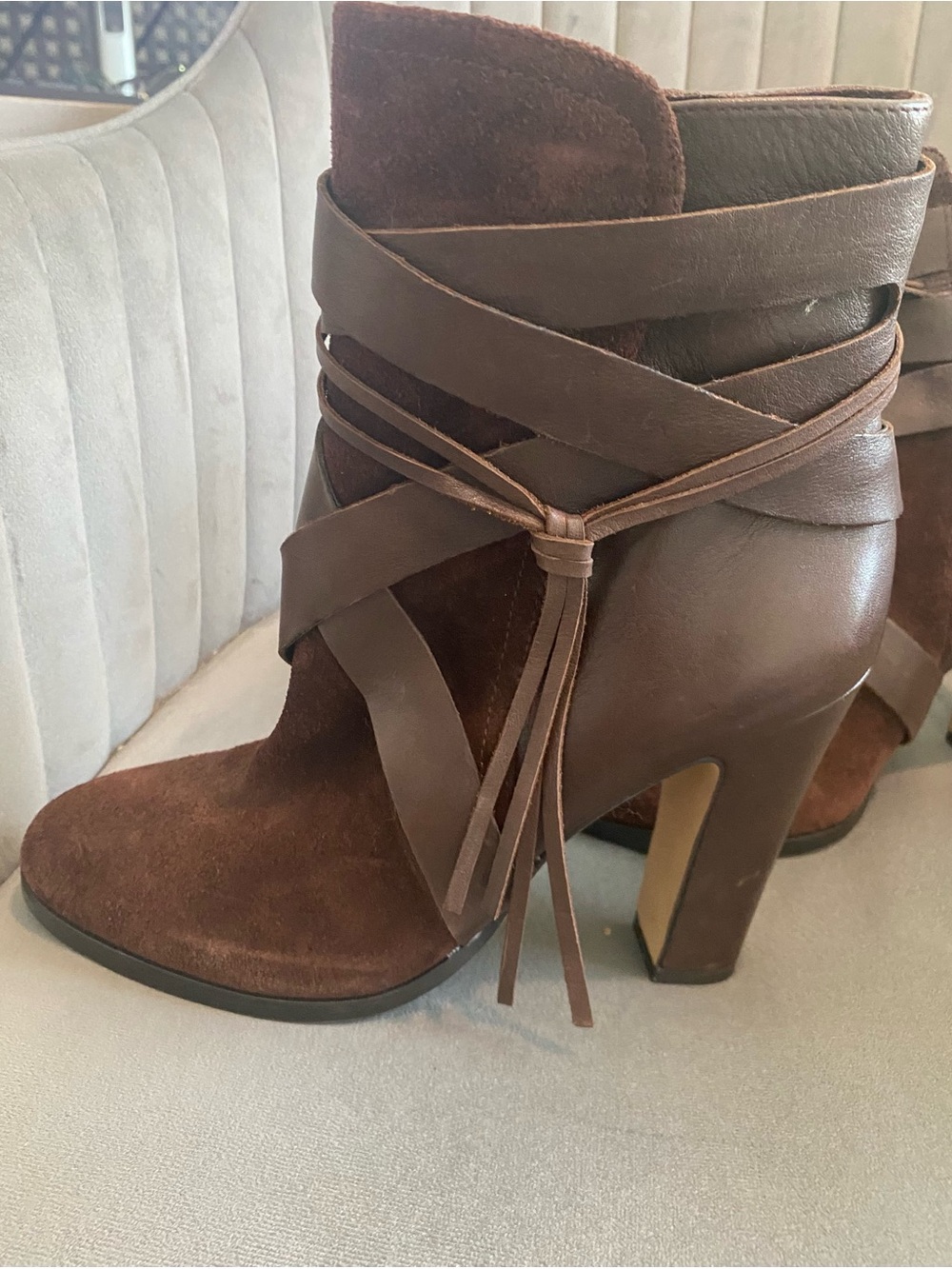 Vince Camuto Dark Brown Suede & Leather Wrap Tassel Ankle Boots